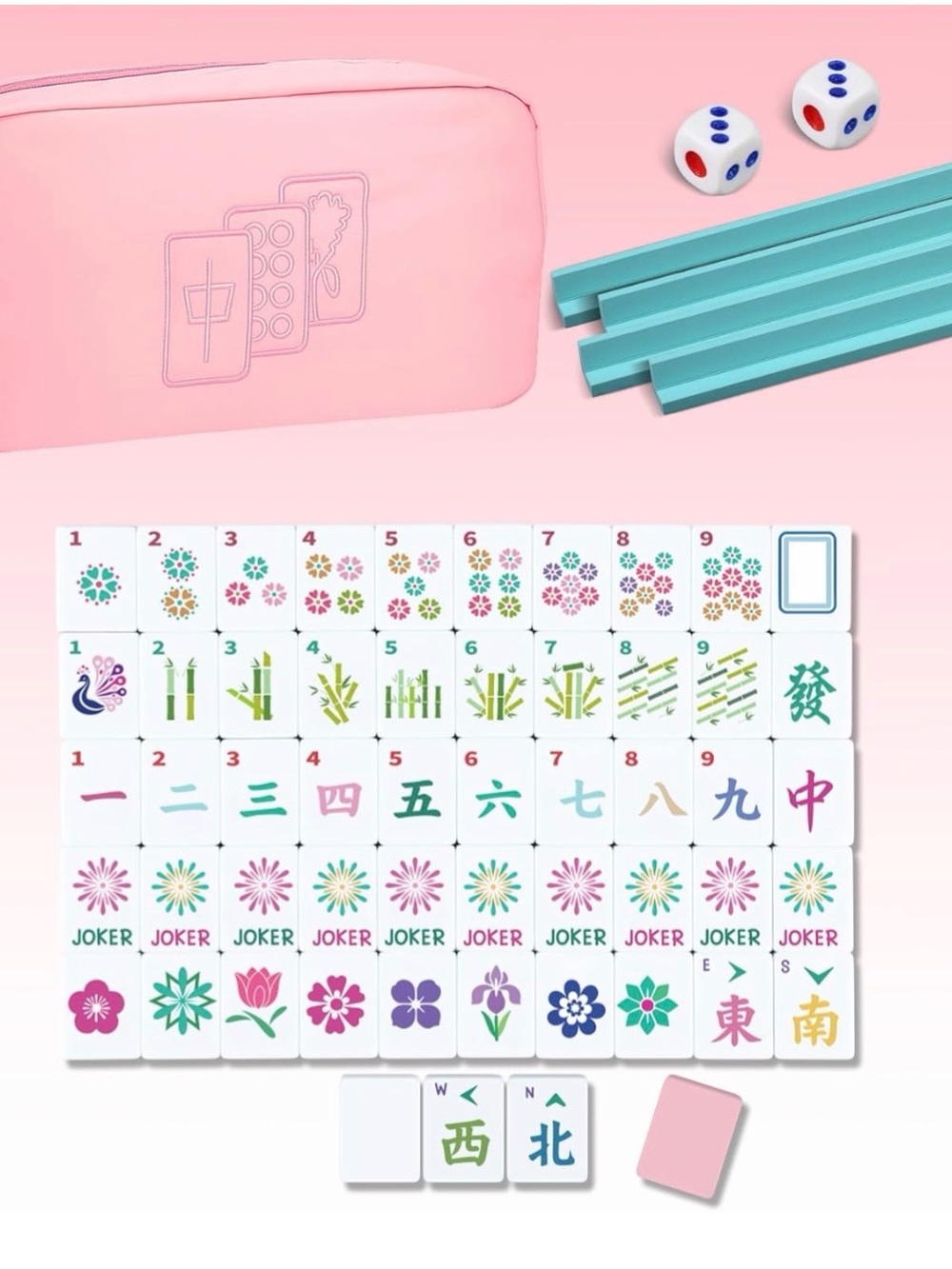 Pink Floral Mahjong Set Case with Pastel Tiles - Unbranded